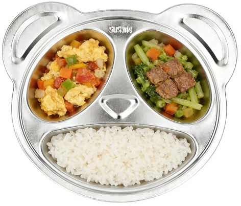Plata dividida de acero inoxidable 3 compartimento panda forma de la bandeja de la cena del niño pequeño, 304 material de grado alimentario para comidas equilibradas, bebé Bento plato de servicio
