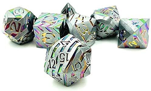 World of Dice Starfall-Serie - Pen and Paper Würfelset Metall, 7-teiliges Set, D4 bis D20, polyedrische Würfel, ideal für D&D, DSA, Cthulhu und mehr (ohne Etui, Silber Rainbow)