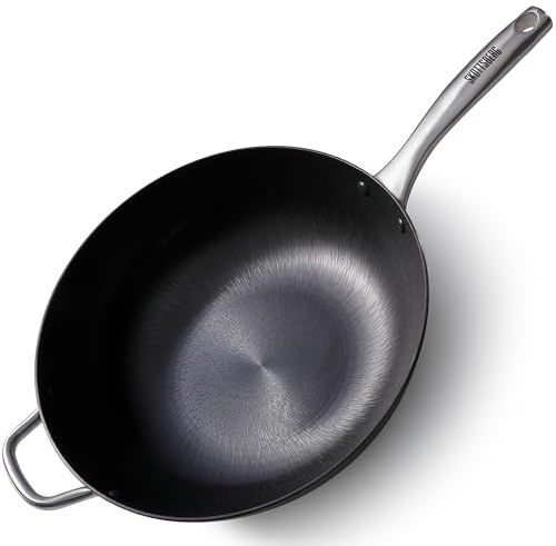 SKOTTSBERG® Sartén wok de inducción de 34 cm, wok de hierro fundido, sin revestimiento antiadherente, sartén de alta calidad para todo tipo de fuegos, inoxidable y resistente a los arañazos para