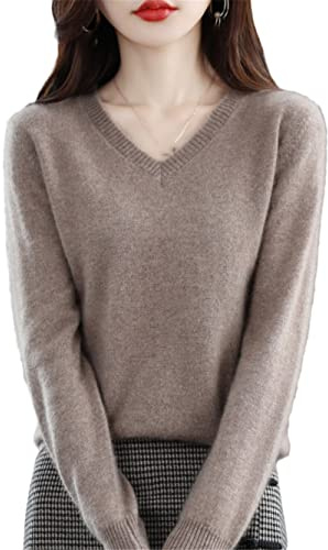 Youllyuu 100% Merino Wool Cashmere Sweater Women's V-Neck Pullover Autumn Winter Knitted Jumper Tops khaki9 M