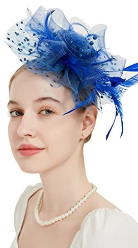 QDC Fascinators for Women Tea Party Headband Hats Cocktail Flower Mesh Feathers Headwear Hair Clip for Wedding Blue