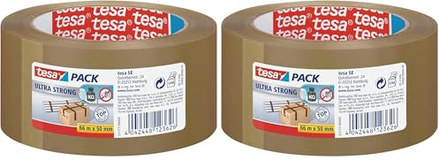 tesapack® Ultra Strong - PVC-Klebebänder für festes Verpacken und sicheres Bündeln - Braun - 66 m x 50 mm (Packung mit 2)