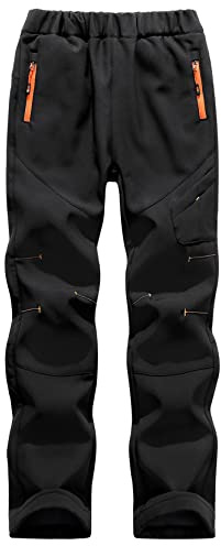 SEAUR Kids Hiking Trousers Waterproof Winter Trousers with Zip-up Side Pockets Windproof Cargo Pants for Running Climbing Ski Black 13-14 Years (XXL)