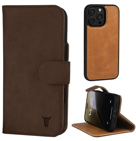 TORRO Nubuck Leather Case Compatible with iPhone 16 Pro – Bumper Case with Magnetically Detachable Wallet With Stand (Compatible with Official MagSafe Chargers) - Nubuck Dark Brown