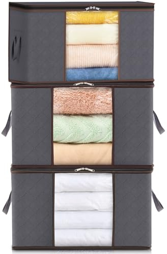 Lifewit Cajas Almacenaje Ropa Plegable con Asa Reforzada, Organizador Armario de Tejido Resistente y Ventana Transparente, Bolsas para Guardar Ropa, Mantas, Gris, 75 L, 3 Piezas