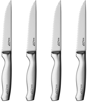 KAINEX Steak Knives Set of 4 | Stainless-Steel Steak Knives with Sharp Serrated Edge Kitchen Steak Knife Set | Rust-Proof & Scratch-Resistant