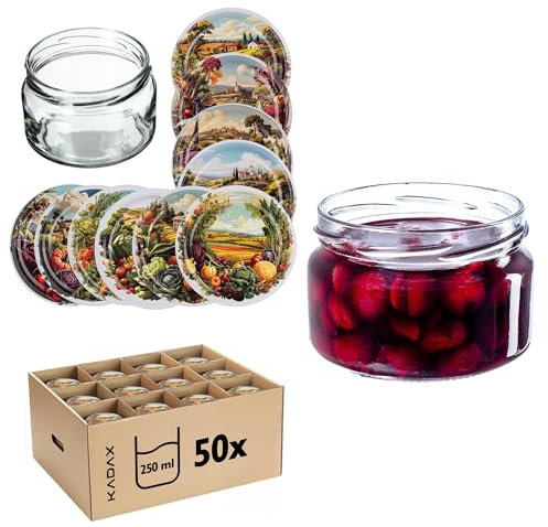 KADAX Tarros pequeños de 250 ml, tarros de mermelada con tapa, frascos herméticos para regalar, minitarros para miel y especias (caja de verduras, 50 unidades)
