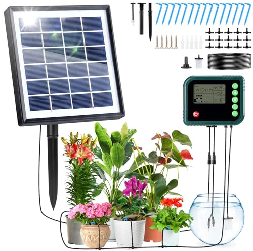Xakay Irrigazione Automatica Energia Solare, Sistemi di Irrigazione Automatico da Giardino, 3W Sistemi di Irrigazione Solare con Timer, Tubo Flessibile da 15M per Piante in Vaso, Giardin, Balcone