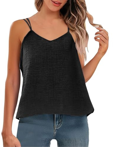 Womens Vest Tops Cotton Linen Spaghetti Strap Camisole V Neck Sleeveless Casual Loose Fit Tank Tops Elegant Ladies Blouses Summer T Shirts (Z01-Black, M)