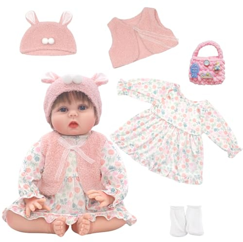 Vestiti per Bambole da 20-22 Pollici (50-56 cm), 5 Pezzi Eleganti e Carini Salopette Rosa per Bambole da 20-22 pollici con 1 Vestito+1 Gilet Rosa+1 Cappello di Peluche+1 Borsa+Calzini, Abiti per