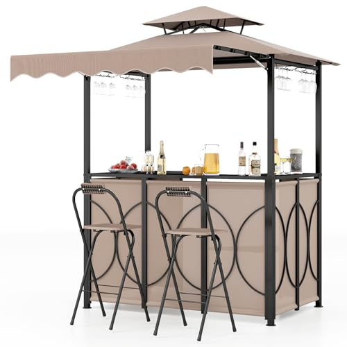 COSTWAY Grillpaviljong med bar, 2 barstolar, trädgårdspaviljong med dubbelt tak och baldakin, 3-delat barset: 1 bord, 2 barstolar, metallhyllor, grillskydd väderbeständig, 193 x 117 x 240 cm (brun)
