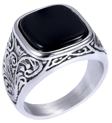 Flongo Onyx Signet Ring for Men: Black Square Stainless Steel Biker Ring - Vintage Style Statement Chunky Seal Ring - Size 10