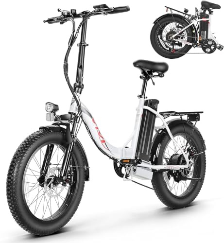 ANCHEER Vélo électrique pliant 20 x 3.0 avec batterie au lithium 36 V 10,2 Ah pour une longue portée jusqu'à 100 km, moteur 250 W, 7 vitesses pour homme et femme (blanc pliant)