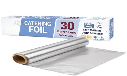 Kitchen Foil 30m Extra Long Roll with Cutter Box, 30cm Wide Catering Aluminium Foil, Non Stick Food Safe Heavy Duty Foil wrap for Cooking, Baking, Grilling, Oven Fridge Freezer Safe