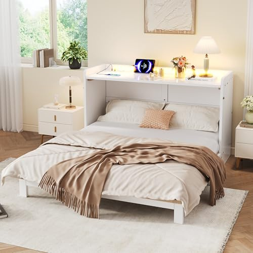 Moimhear Letto per armadio, 140 x 200 cm, sotto il letto si trovano cassetti, con USB e presa, con piastra lucida, letto a piattaforma trasformabile, bianco