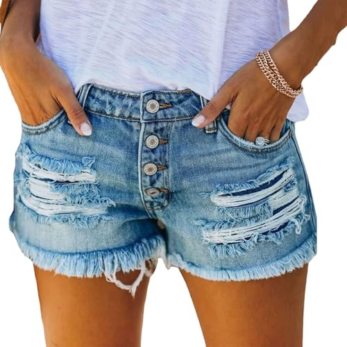 Denim Shorts for Women UK, Mini Ripped Frayed Hem Jorts Low Wasited Causal Jeans Shorts Four Buttons Fly Denim Short Summer Beach Holliday Hot Pants with Pockets Light Blue