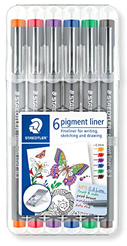 STAEDTLER 30803-SSB6 Pigment Liner Pens - Assorted Colours, 0.3 mm (Set of 6)