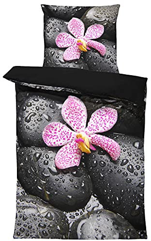 one-home Wende Bettwäsche 135x200 cm Steine schwarz Orchideen Zen Relax Microfaser Set