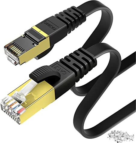 KASIMO Cat7-Gigabit-Ethernet-Kabel, 20 m, schwarz, Hochgeschwindigkeits-Flach-RJ45, kompatibel mit PC, Spielekonsole, PS4, PS5, Switch, Modem, Smart TV, Patchpanel