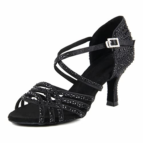 Syrads Donna Peep Toe Cross Strap Strass Tango Social Ballroom Scarpe da Ballo Latino Scarpe da Ballo per Feste di Matrimonio,Nero 7.5cm Heel,38 EU
