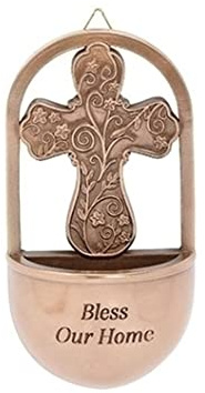 Roman Bless Our Home Bronze Cross Holy Water Font, 6-inch Height, Religious Decoration