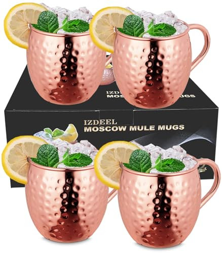 izdeel Moscow Mule Becher 4er Set Kupfer Becher 550ml für Cocktail, Gin, Bier, kalte Getränke, Zuhause, Bar, Party, Valentinstag Geburtstag Geschenke Kasten (4 Tassen)