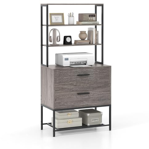 COSTWAY Tall Bookshelf, 7-Tier Wooden Storage Bookcase Ladder Shelving Unit with 2 Drawers and Open Shelves, Vertical Filing Cabinet Printer Stand for Home Office (Grey)