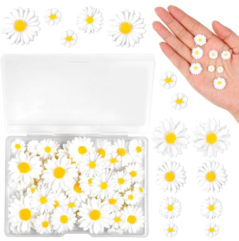 Molain 50pcs Mini Daisy Decorations, Resin Daisy Flowers Crafts Small Decorative Daisies Charms for DIY Crafts, Party, Home Decoration(White)
