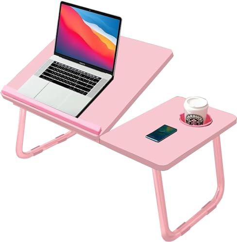 KKTECH Laptop Tray with Adjustable Angle, Space-Saving Bed Table with Foldable Legs, Cup Slot, Book Holder, Reading Stand, Versatile Laptop Table for Bed Use (PINK)