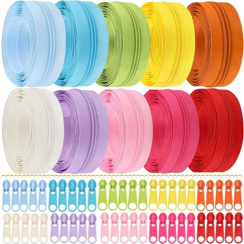Lighterdasy 30M Cremallera de 10 Colores,Cremalleras por Metros Para Coser,Cremalleras Invisibles DIY con 50 Deslizadores deCremalleras deColores,Costura Accesorios(10 Colores Brillantes)