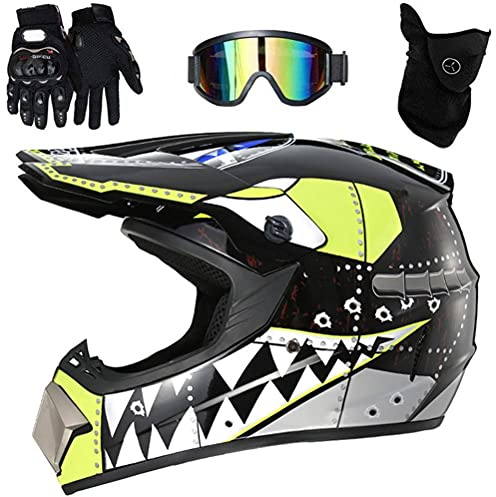 Motorrad-Dirt-Bike-Helm, Integral-Motocross-Helme, Professioneller Motocross-Helm Erwachsene, Mountainbike-Helm mit Schutzbrille, Handschuhen, Gesichtsschutz