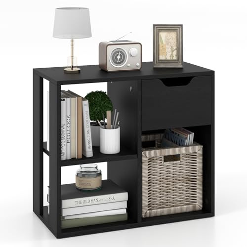GIANTEX Estantería de Almacenamiento con 3 Cubos, 60 x 30 x 53 cm, Librería de Madera Independiente, 2 Niveles con 1 Cajón, Estante de Exhibición para Salón, Estudio, Oficina (Negro)