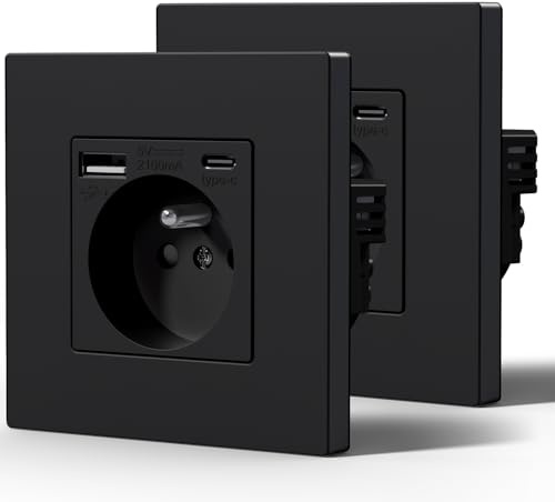 BSEED Prise Electrique avec USB et Type C, Prise Murale avec Panneau En Plastique, Alternatif Norme Française 16 Amp 240V 86mm Noir, 2 Paquests