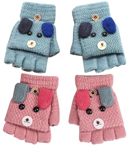 Guantes para Niños, 2 Pares Sin dedos Niño Guantes, Guantes de Invierno Cálidos de Media Dedos, Guantes para Niños y Niñas de 5 a 12 Años (Rosado Azul)