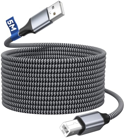 Câble Imprimante USB 5 Mètres,USB 2.0 Type A Mâle vers B Mâle Cable Scanner Cordon Imprimante Nylon Tressé USB Type B Cable Compatible avec Printer HP, Canon, Epson, Lexmark, Brother,Hero, Dell- Gris