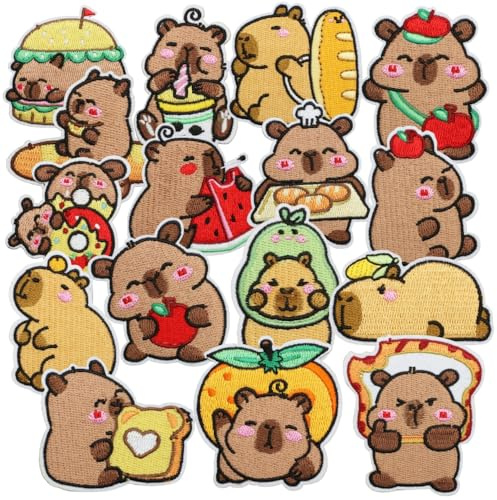 Lot de 16 écussons thermocollants Capybara - Jolis écussons brodés - Motif animaux kawaii - À repasser - À repasser - À repasser - À coudre - Décoration amusante pour vêtements, t-shirts, sacs à dos