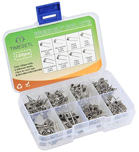 TIMESETL 120Stück Fertig Coils Vorkompilierte Coil Kit, 8-in-1 Widerstandsdraht Coil Set mit 0.3Ω / 0.35Ω/ 0.45Ω / 0.5Ω / 0.8Ω für RDA, RBA, RDTA, 120 Pcs, Fused Clapton, Twisted, Hive, Quad, Tiger