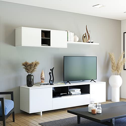 EGLEMTEK Parete Attrezzata Swiss Mobile Soggiorno TV con Mensola Salotto Legno Base Televisione Sala da Pranzo Design Moderno 200 x 41 x 46 cm Colore Bianco