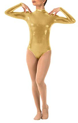 IWEMEK Women Shiny Metallic Long Sleeve Bodysuit Wetlook Spandex Gymnastic Ballet Leotard Top Dancewear Costume Mock Neck Stretch Zipper One Piece Jumpsuit Dance Party Clubwear Gold S