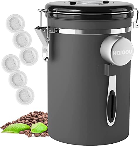 HAIOOU Boîte à café 623,7 g en acier inoxydable hermétique avec suivi de la date, pot de rangement de cuisine, cuillère à café supplémentaire, pince à sucre et 6 filtres à valve de CO2