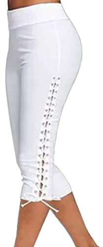 ORANDESIGNE Pantalon Capri Femme été Pantalon Stretch en Dentelle Maigre Taille Haute 3/4 Longueur Leggings Capri Leggings Collants Souples Pantalons Décontractés évidés A Blanc L