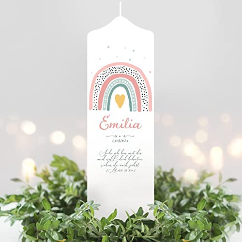 Wandtattoo Loft Taufkerze Mädchen mit Taufspruch, Motiv mit rosa Regenbogen, 25cm x 7cm, personalisierte Kerze, bedruckte Kerze zur Taufe, Stumpenkerze, Geburtskerze, individuelles Taufgeschenk