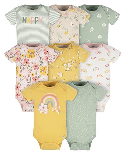 Gerber Baby Girls - Confezione da 8 tutine a maniche corte, tutina, floreale dorato, 0-3 mesi