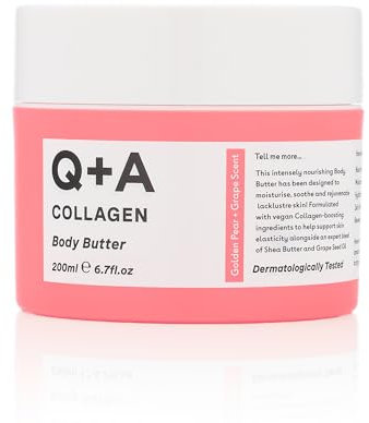 Q+A Collagen Body Butter: Burro Corpo Ricco, Formula Vegan Idratante con Proteina Vegetale Idrolizzata, Burro di Karité, Squalano e Profumo di Pera e Uva, 200ml