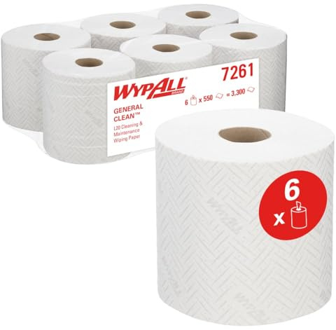 Pappersduk för rengöring och underhåll WypAll L20 General Clean 7261-2 lager centrala dispenseringsrullar - 6 rullar x 550 vita pappersdukar (totalt 3 300)