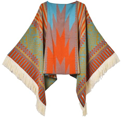 Iris Sprite Women's Pullover Poncho Ethnic Style Poncho for Women Tassels Knitted Shawls and Wraps Capes (UK, Alpha, One Size, Regular, Regular, Orange)