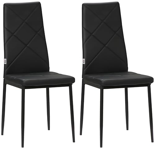 HOMCOM Set di 2 Sedie Sala da Pranzo in Finta Pelle, Sedie Cucina con Schienale Alto con Cuciture a Diamante e Gambe in Acciaio, Sedia Moderne per Cucina, Camera da Letto, Ufficio e Soggiorno, Nero