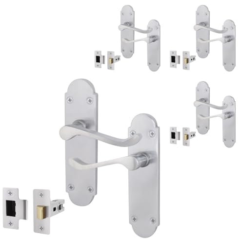 EAI Satin Door Handle Latch Set - Victorian Scroll Shaped | 4 Pairs of Internal Satin Chrome Lever Latch Handles on Backplate & Latches (64mm)