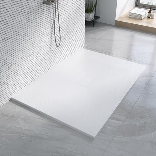 Duschwanne Duschtasse 140x100 cm ebenerdig weiß Steinoptik Anti-Rutsch Zuschneidbar ohne Siphon und Ablaufgarnitur