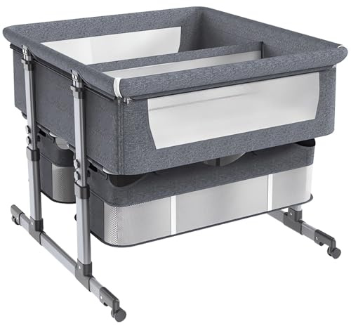 STRTG Zwillingsbett Für 2 Babys,Babybett Für Zwillinge,Stubenwagen Für Zwillinge,Zwillingsbett Next to Me,6-Fach Höhenverstellbar,Leicht Zusammenklappbares Schlafbett,Tragbares Babybett Dark Grey